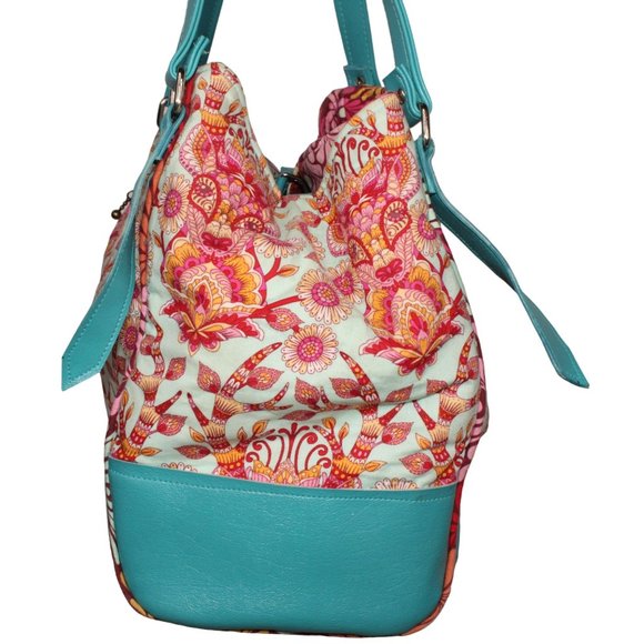 Karried Astray Teal Green Faux Leather Floral Fabric Satchel Shoulder Purse - Picture 5 of 14